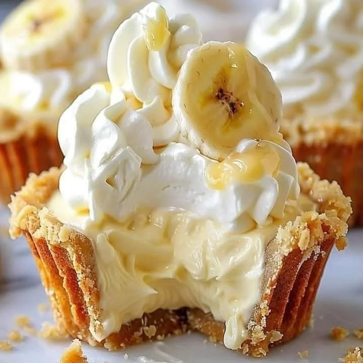 Delicious no-bake mini banana cream pies topped with whipped cream and sliced bananas.