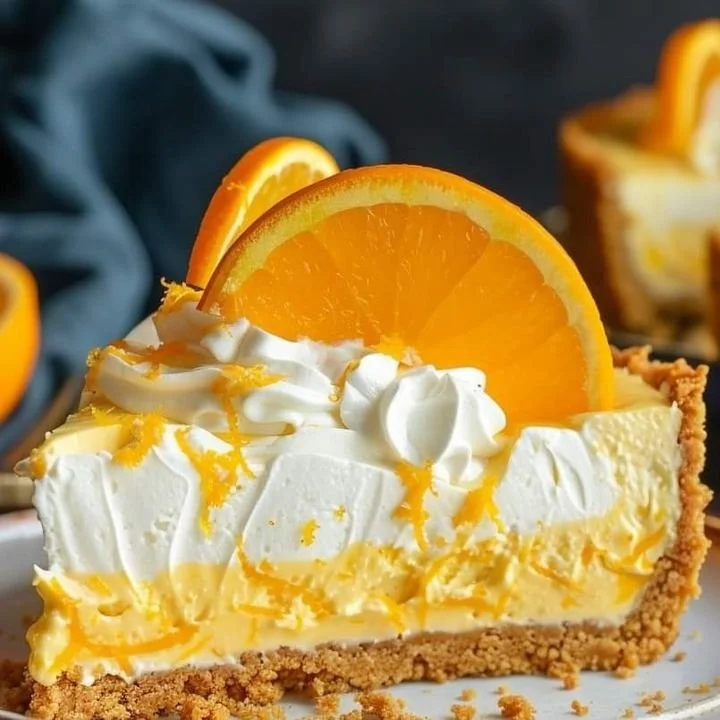 No Bake Orange Creamsicle Cheesecake slice with orange garnish