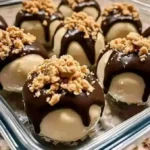 No-Bake Peanut Butter Cheesecake Balls garnished with chocolate drizzle