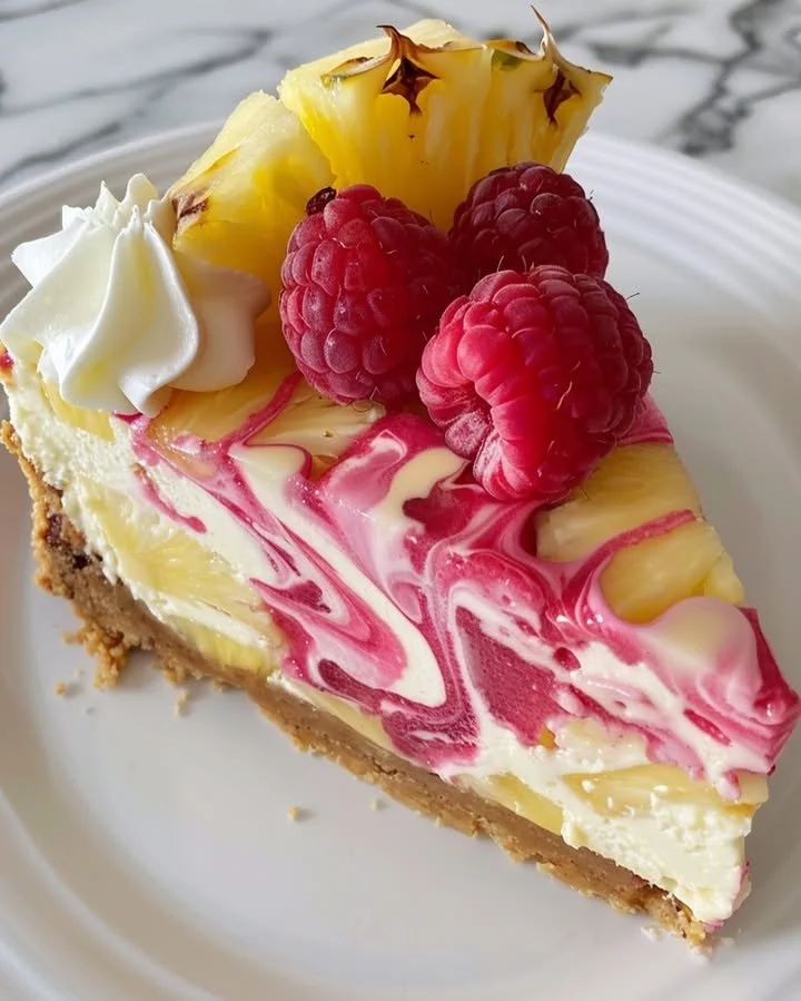 No-Bake Pineapple Raspberry Cheesecake with fresh fruit toppings