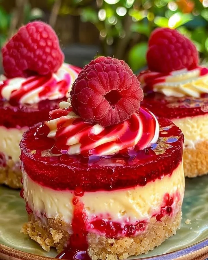 No-Bake Raspberry Lemon Swirl Cheesecake with vibrant raspberry topping