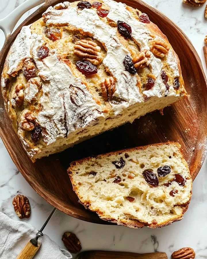 Freshly baked no-knead fruit and nut bread with nuts and dried fruits