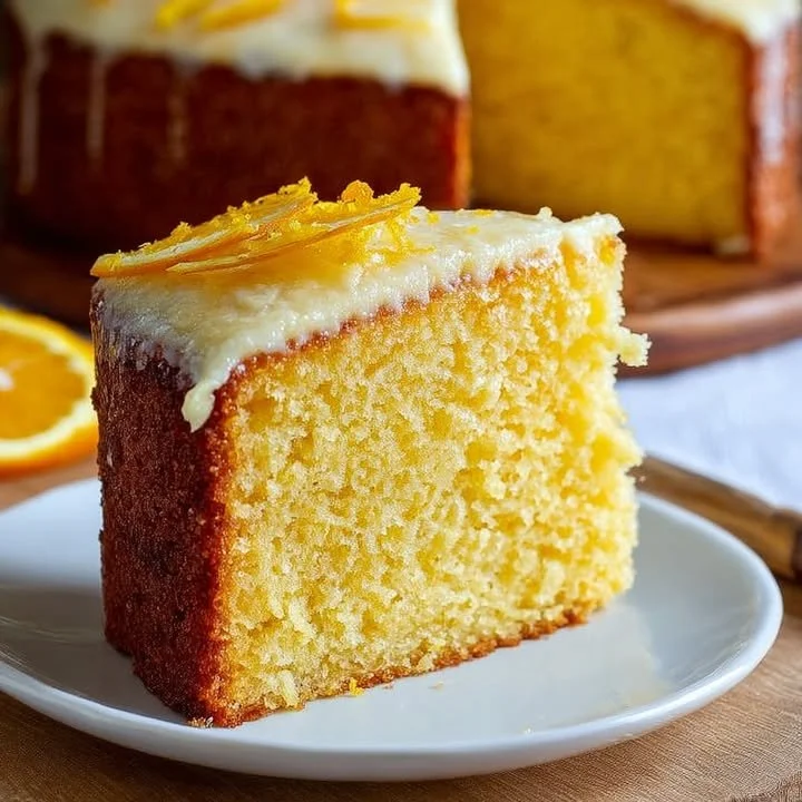 Slice of old-fashioned orange cake topped with orange zest and cream
