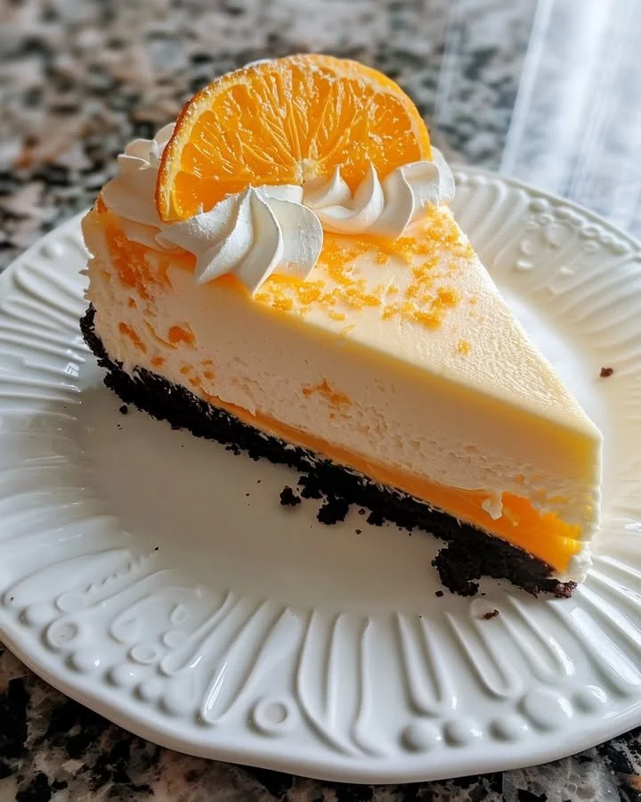 Slice of orange Creamsicle Cheesecake topped with whipped cream and orange zest
