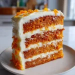 Slice of orange velvet cake with cream cheese frosting on a white plate