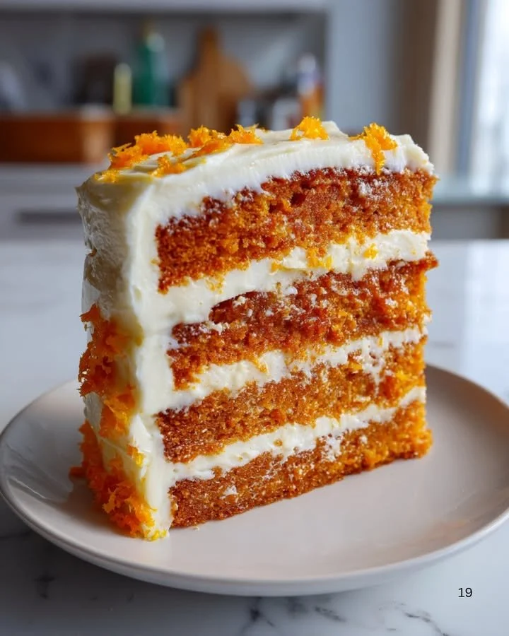 Slice of orange velvet cake with cream cheese frosting on a white plate