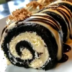 Oreo Cream Cheese Cheesecake Sushi Roll garnished with chocolate drizzle