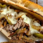 Delicious Original Philly Cheesesteak with melted cheese and grilled steak on a hoagie roll