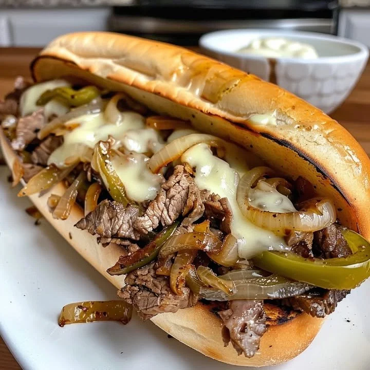 Delicious original Philly Cheesesteak sandwich loaded with meat and cheese