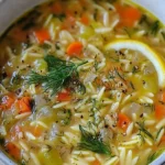 Bowl of orzo soup with vegetables, lemon, and dill garnish