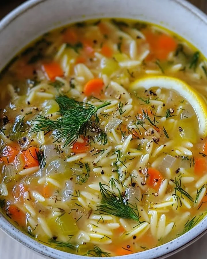 Bowl of orzo soup with vegetables, lemon, and dill garnish