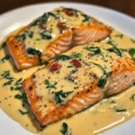 Pan-seared salmon fillet with creamy Florentine sauce served on a plate.