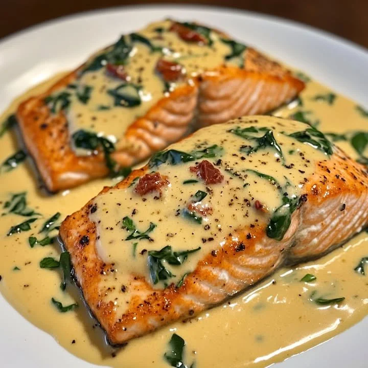 Pan-seared salmon fillet with creamy Florentine sauce served on a plate.