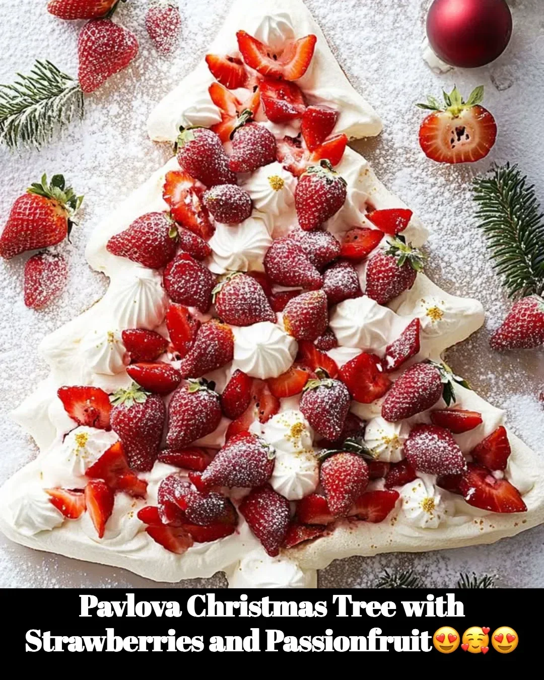 Pavlova Christmas Tree decorated with strawberries and passionfruit for Christmas