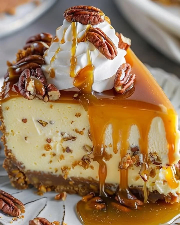 Delicious Pecan Caramel Cheesecake topped with caramel sauce and pecans