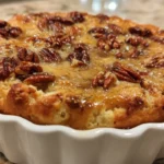 Delicious pecan pie cobbler served warm with a scoop of vanilla ice cream.