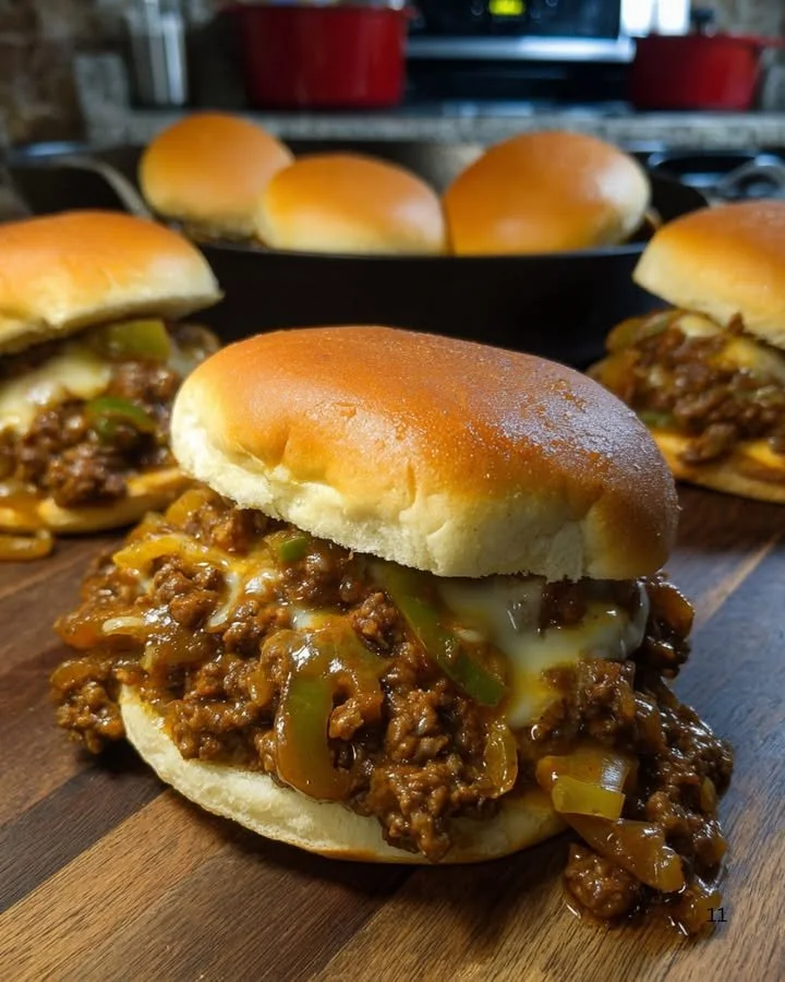 Philly Cheesesteak Sloppy Joes on a plate with cheese and peppers