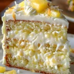 Slice of Pineapple Coconut Dream Cake topped with coconut flakes and pineapple slices.