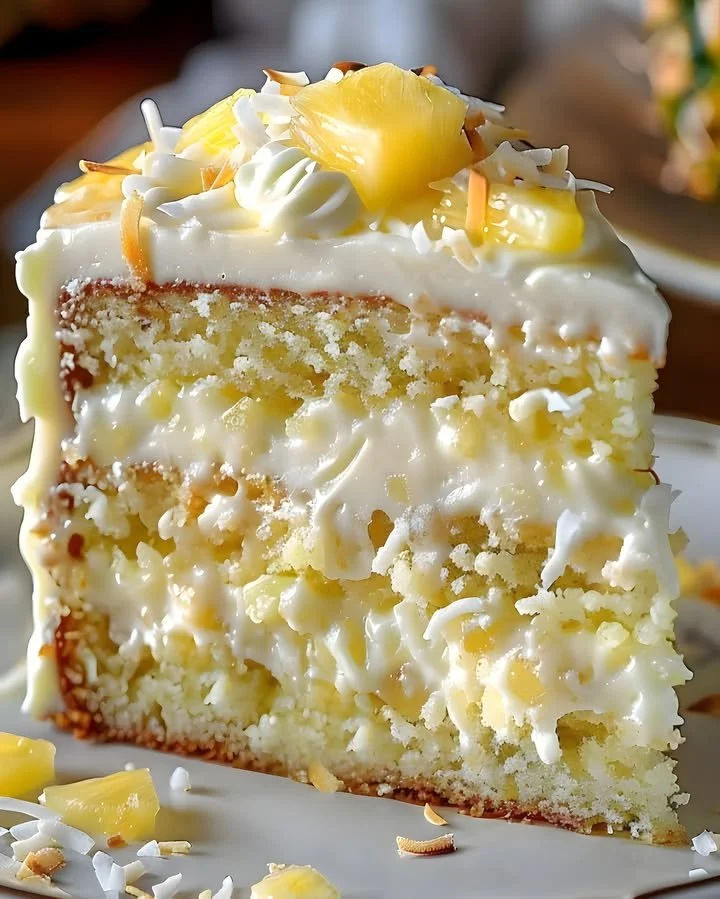 Slice of Pineapple Coconut Dream Cake topped with coconut flakes and pineapple slices.