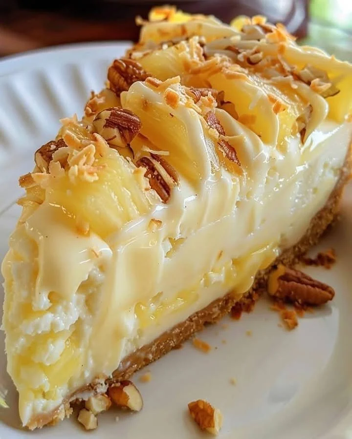 Slice of Pineapple Cream Cheesecake with tropical garnish
