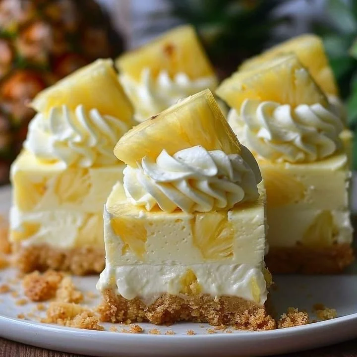 Delicious Pineapple Mousse Cheesecake Bars topped with fresh pineapple slices.
