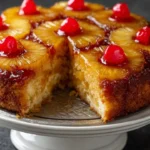 Slice of moist Pineapple Upside Down Cake with caramelized pineapple and cherries