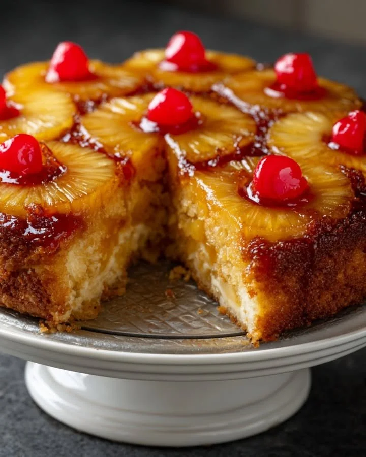 Slice of moist Pineapple Upside Down Cake with caramelized pineapple and cherries