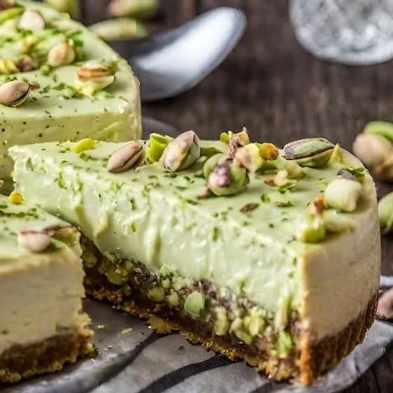 Slice of delicious pistachio cheesecake topped with crushed pistachios