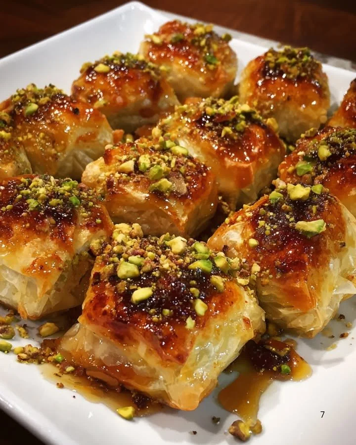 Pistachio-Crusted Brie Bites topped with Fig Honey Glaze for an elegant appetizer.