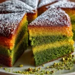 A slice of Pistachio-Matcha Cake topped with crushed pistachios and matcha powder