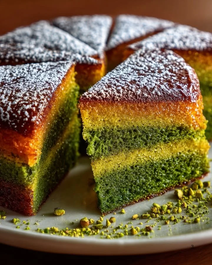A slice of Pistachio-Matcha Cake topped with crushed pistachios and matcha powder