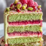 A slice of Pistachio Raspberry Dream Cake decorated with fresh raspberries and pistachios.