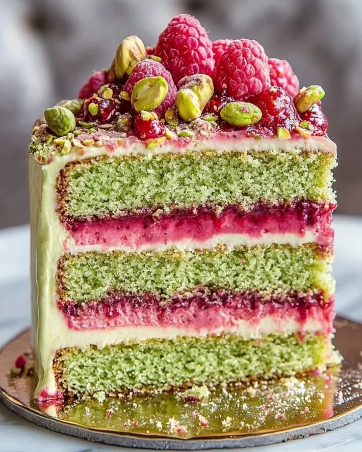 A slice of Pistachio Raspberry Dream Cake decorated with fresh raspberries and pistachios.
