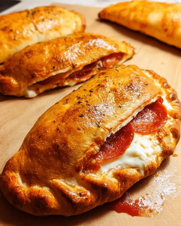 Delicious pizza calzones stuffed with fresh ingredients and cheese