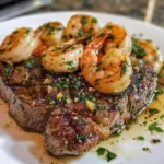 Delicious Prime Ribeye Steaks topped with Garlic Butter Shrimp