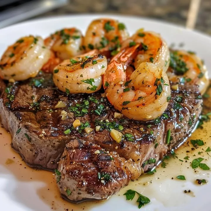 Delicious Prime Ribeye Steaks topped with Garlic Butter Shrimp