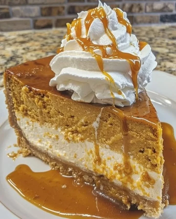 Delicious Pumpkin Caramel Cheesecake topped with caramel drizzle and pumpkin spice.