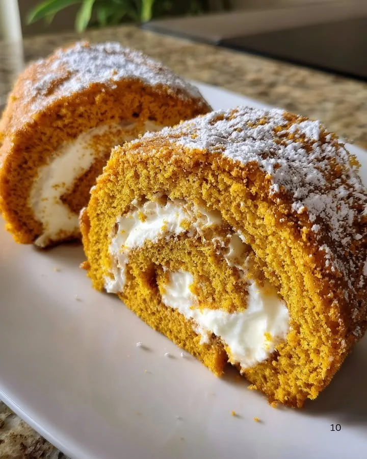Homemade pumpkin roll cake with cream filling and autumn decorations.
