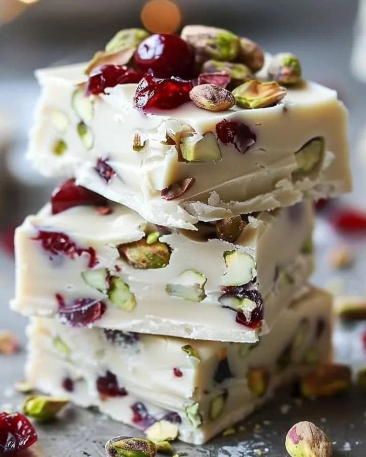 Quick and easy cranberry pistachio fudge on a plate with nuts and cranberries.