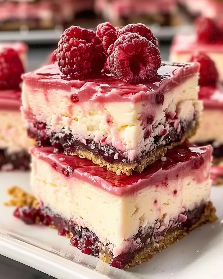 Deliciously baked Raspberry Cheesecake Bars topped with fresh raspberries.