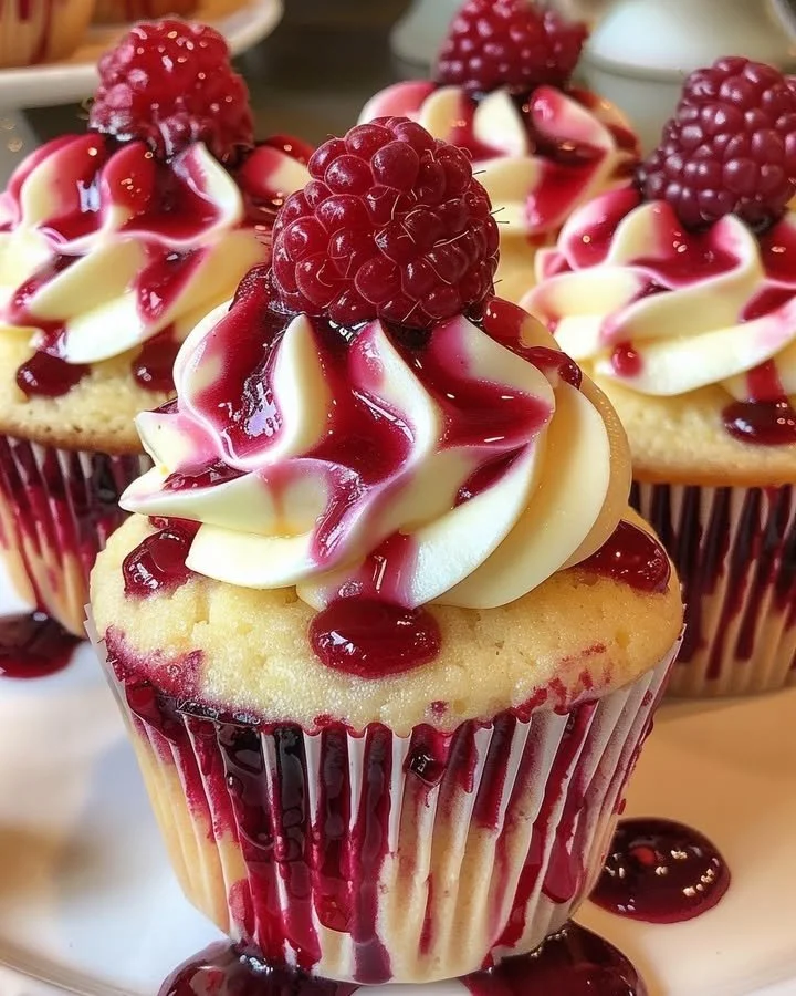 Delicious Raspberry Cheesecake Cupcakes topped with fresh raspberries and cream