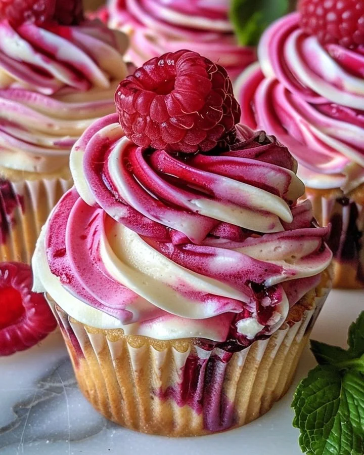 Raspberry Cheesecake Cupcakes topped with fresh raspberries and cheesecake frosting.