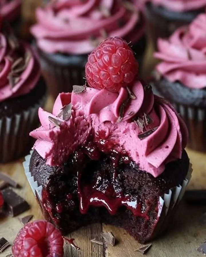 Decadent Raspberry Chocolate Lava Cupcakes with molten chocolate center