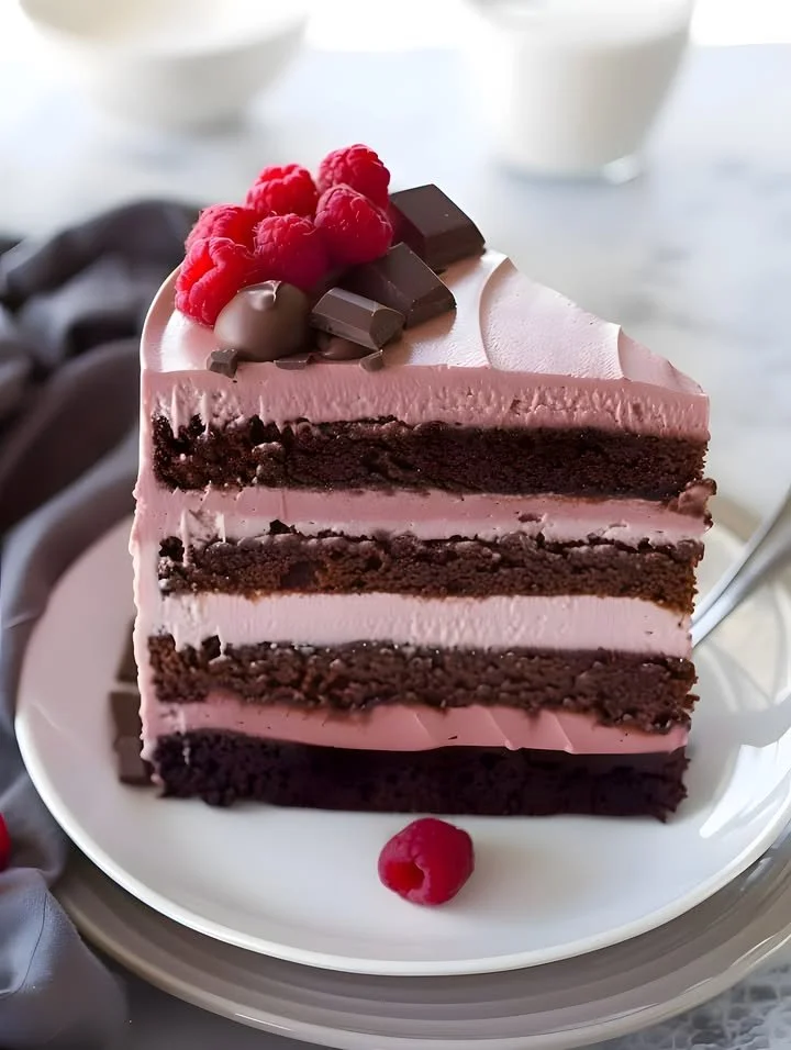 Delicious Raspberry Chocolate Mousse Cake with fresh berries and chocolate ganache