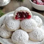 Delicious raspberry-filled almond snow cookies dusted with powdered sugar