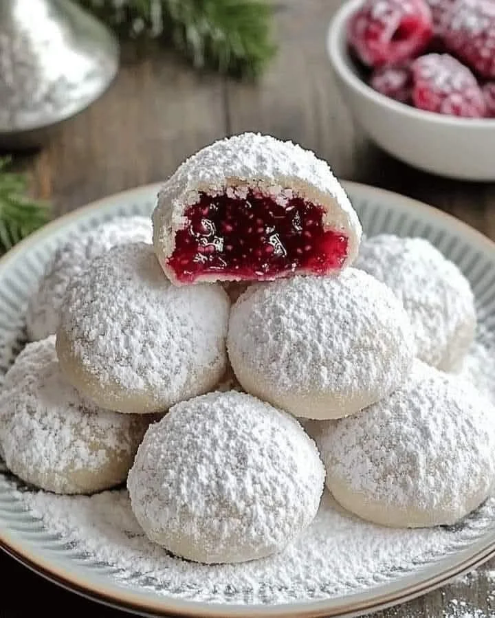 Delicious raspberry-filled almond snow cookies dusted with powdered sugar