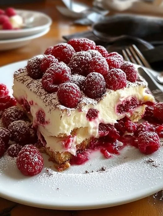 Delicious Raspberry Tiramisu dessert with layers of creamy mascarpone and fresh raspberries.