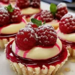 Delicious Raspberry White Chocolate Tartlets on a white plate, garnished with raspberries.