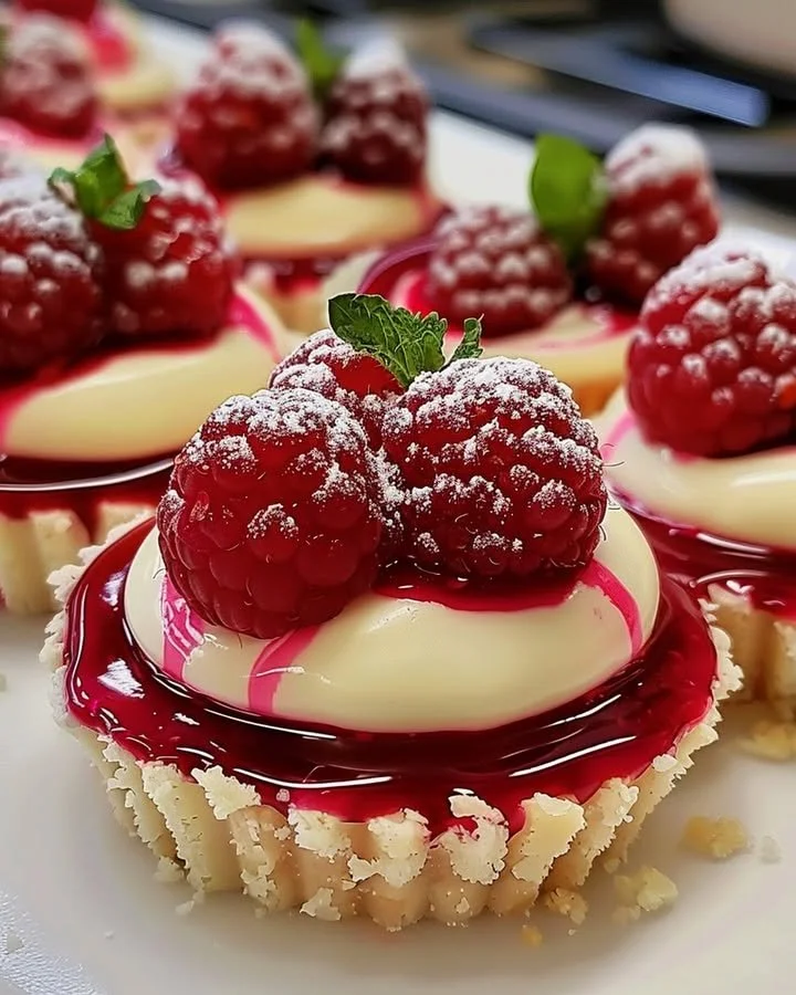 Delicious Raspberry White Chocolate Tartlets on a white plate, garnished with raspberries.