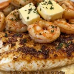 Delicious dish of Red Snapper, Shrimp and Grits with Cajun cream sauce